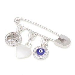 Sterling Silver Baby Safety Pin - Tree of Life, Heart and Hamsa